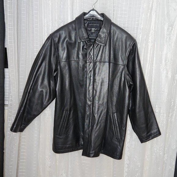 Croft & Borrow Men's Black Leather Jacket Black Full Zip Collared W/ Lining SzXL